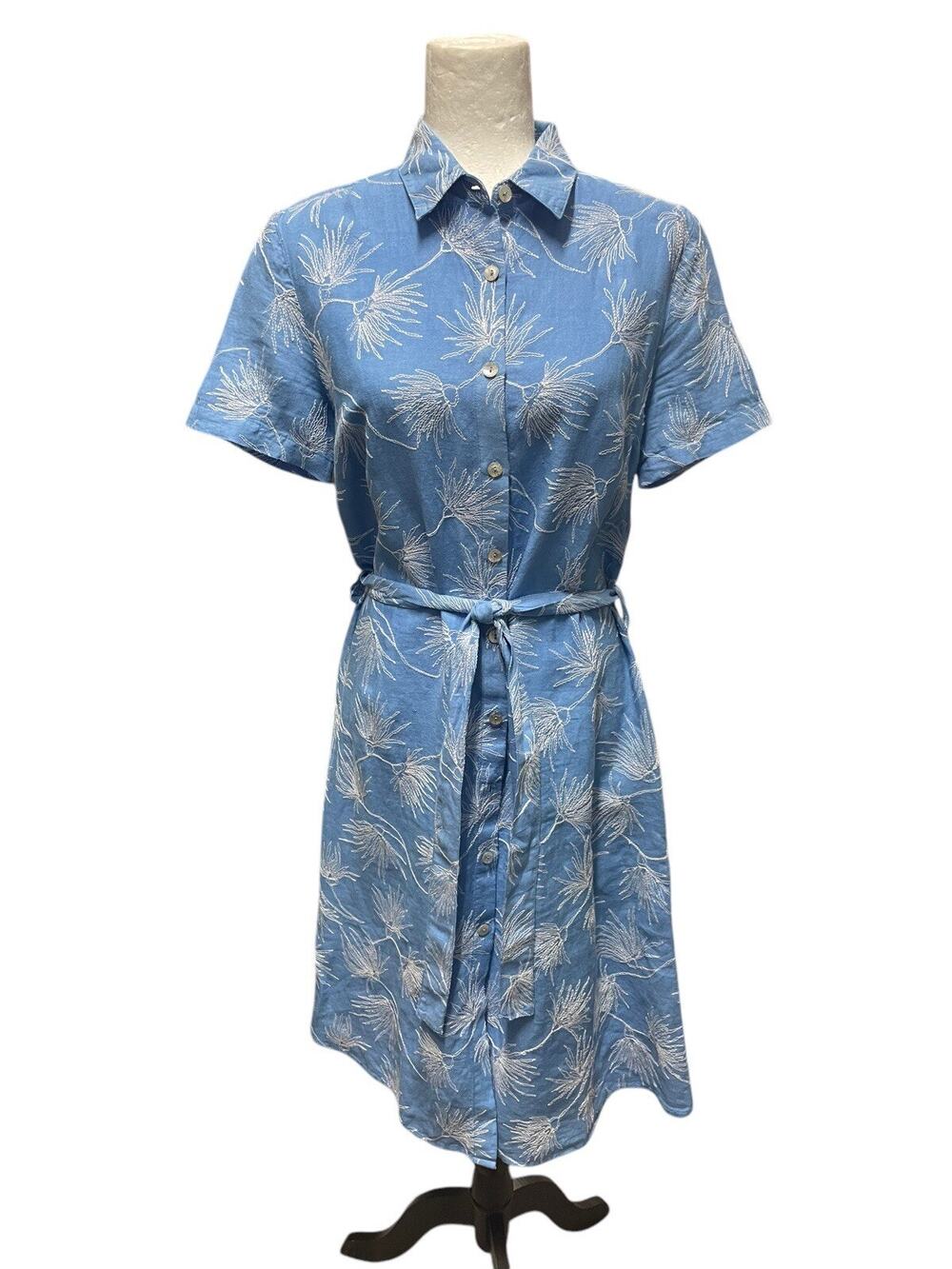 120 Lino Blue Short Sleeve Belted Embroidered Shirt Dress Size 42 Small